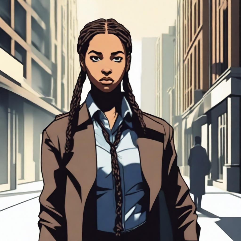 A female detective with braids standing in the city streets