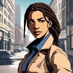 A female detective with braids standing in the city streets