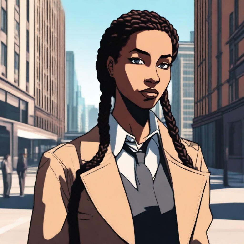 A female detective with braids standing in the city streets