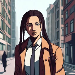 A female detective with braids standing in the city streets