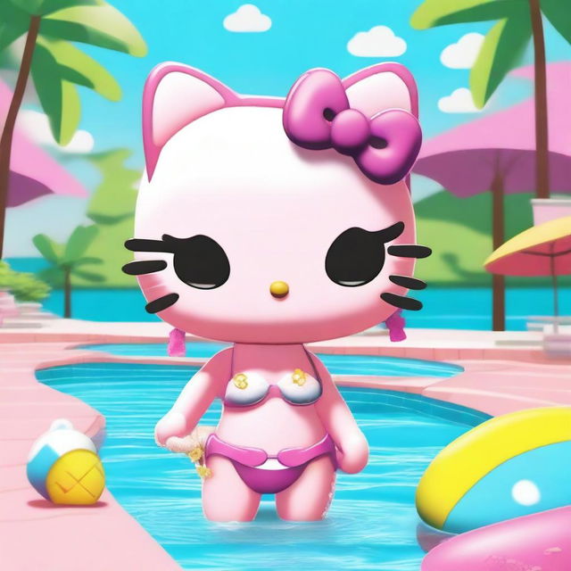 A Hello Kitty character styled as a 'baddie' with a confident and sassy attitude, wearing a bikini in a pool