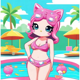 A Hello Kitty character styled as a 'baddie' with a confident and sassy attitude, wearing a bikini in a pool