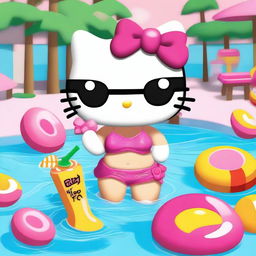 A Hello Kitty character styled as a 'baddie' with a confident and sassy attitude, wearing a bikini in a pool