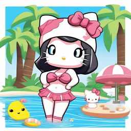 A Hello Kitty character styled as a 'baddie' with a confident and sassy attitude, wearing a bikini in a pool