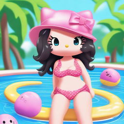 A Hello Kitty character styled as a 'baddie' with a confident and sassy attitude, wearing a bikini in a pool