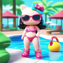 A Hello Kitty character styled as a 'baddie' with a confident and sassy attitude, wearing a bikini in a pool