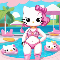 A Hello Kitty character styled as a 'baddie' with a confident and sassy attitude, wearing a bikini in a pool