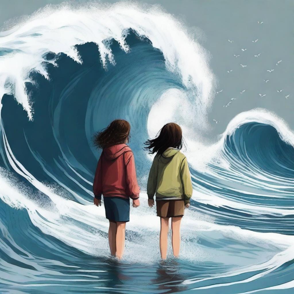 Create an image inspired by the book 'Wave' by Eric Walters, depicting a scene with only a girl and a boy