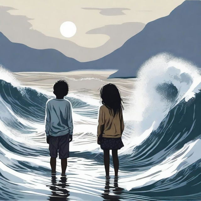 Create an image inspired by the book 'Wave' by Eric Walters, depicting a scene with only a girl and a boy