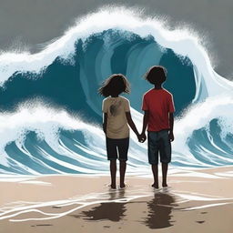 Create an image inspired by the book 'Wave' by Eric Walters, depicting a scene with only a girl and a boy