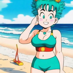 Bulma from Dragon Ball wearing a swimsuit, standing on a beach with the ocean in the background