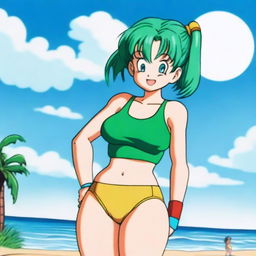 Bulma from Dragon Ball wearing a swimsuit, standing on a beach with the ocean in the background