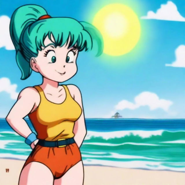 Bulma from Dragon Ball wearing a swimsuit, standing on a beach with the ocean in the background