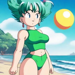 Bulma from Dragon Ball wearing a swimsuit, standing on a beach with the ocean in the background