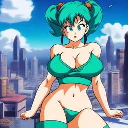 Bulma from Dragon Ball, depicted in a sexy and alluring pose