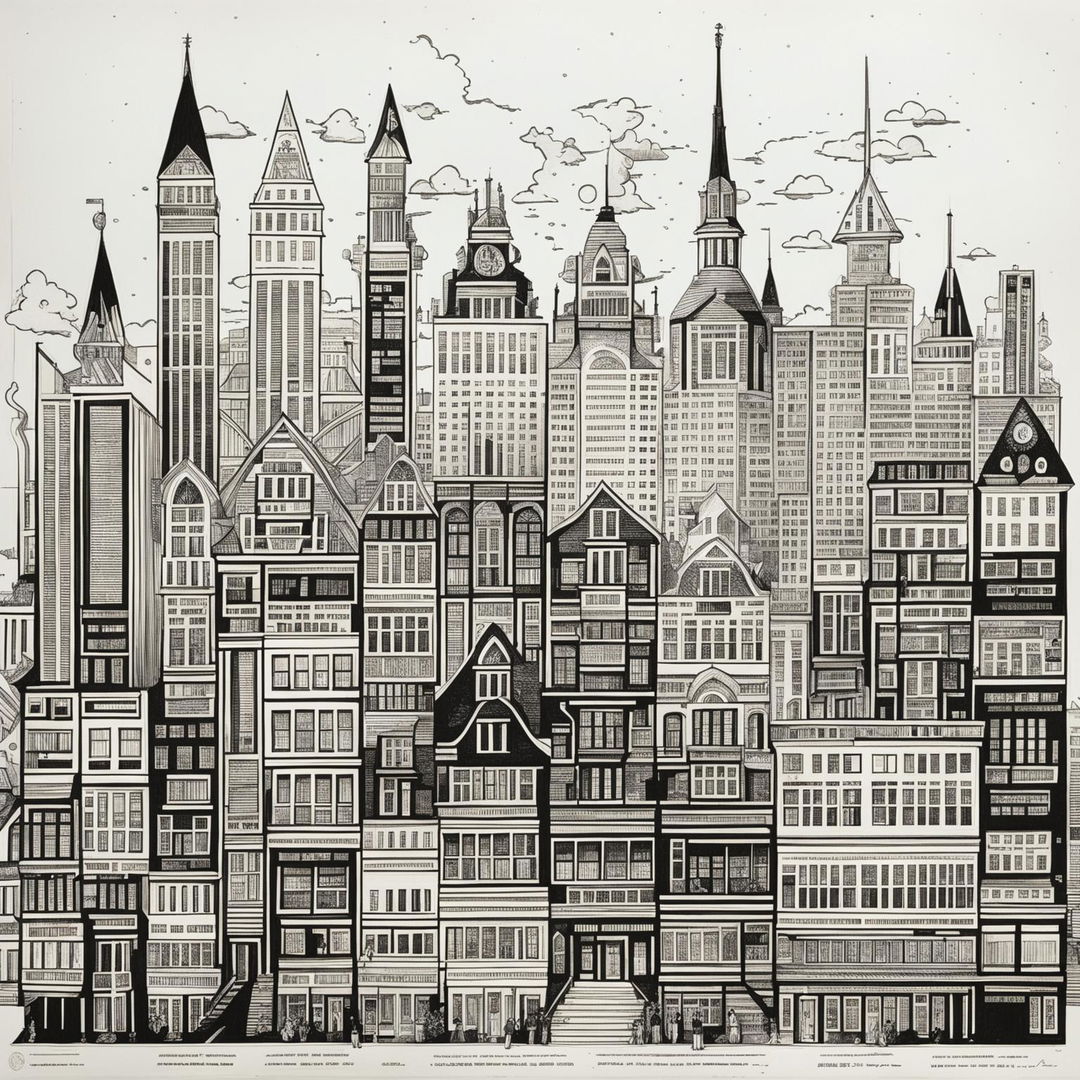 Ink and line art architectural drawing resembling a newspaper collage featuring modern skyscrapers, Victorian houses, and quaint cottages.