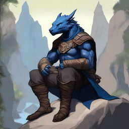 A blue dragonborn ranger with brown clothes sitting on a rock in a natural setting