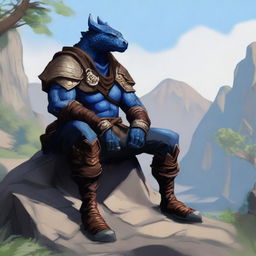 A blue dragonborn ranger with brown clothes sitting on a rock in a natural setting