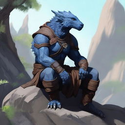 A blue dragonborn ranger with brown clothes sitting on a rock in a natural setting