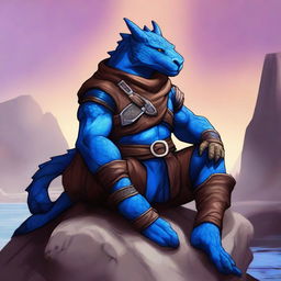 A blue dragonborn ranger with brown clothes sitting on a rock