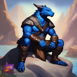 A blue dragonborn ranger with brown clothes sitting on a rock