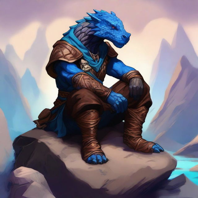 A blue dragonborn ranger with brown clothes sitting on a rock