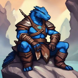 A blue dragonborn ranger with brown clothes sitting on a rock