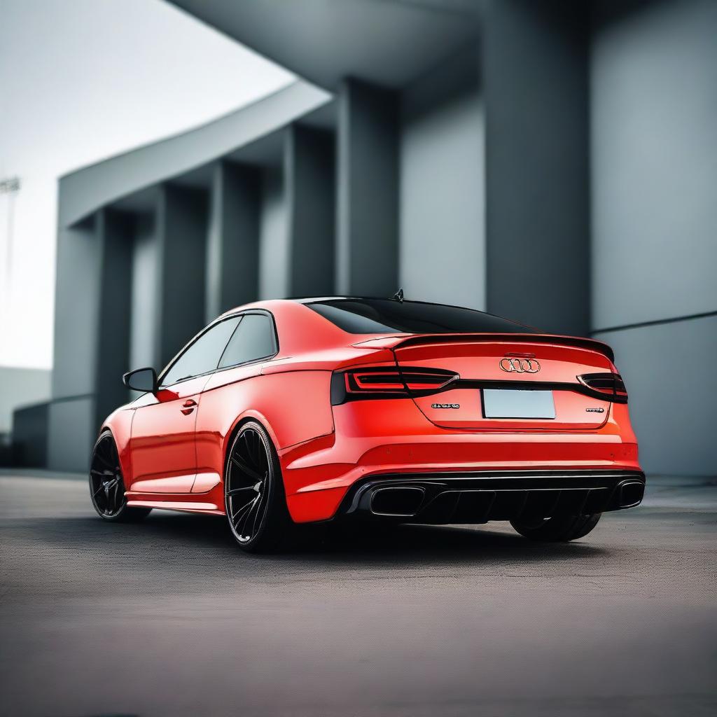 A stunning and cool image of an Audi RS5 B9 with a widebody kit and black diffuser, viewed from the back