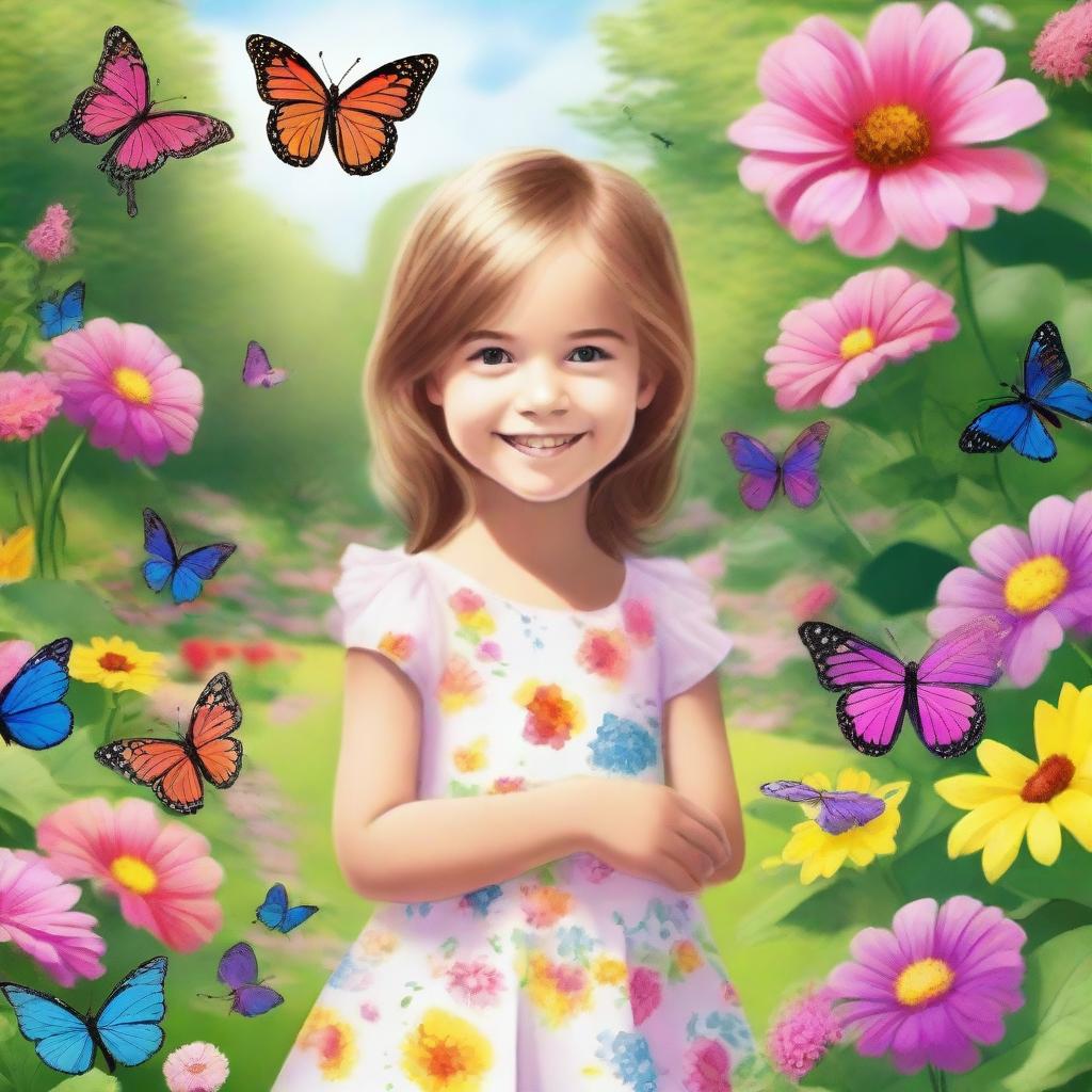 A young girl with a bright smile, standing in a beautiful garden filled with colorful flowers and butterflies