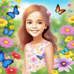 A young girl with a bright smile, standing in a beautiful garden filled with colorful flowers and butterflies