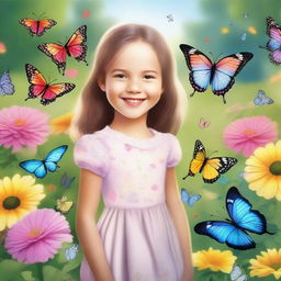 A young girl with a bright smile, standing in a beautiful garden filled with colorful flowers and butterflies