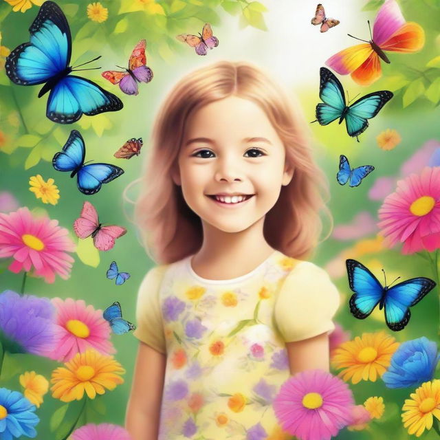 A young girl with a bright smile, standing in a beautiful garden filled with colorful flowers and butterflies