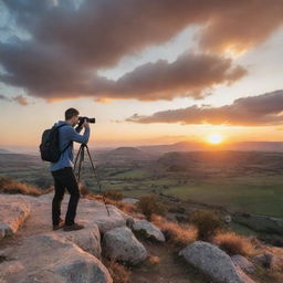 A professional photographer in the midst of taking a shot, surrounded by breathtaking landscape at sunset