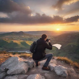 A professional photographer in the midst of taking a shot, surrounded by breathtaking landscape at sunset