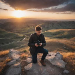 A professional photographer in the midst of taking a shot, surrounded by breathtaking landscape at sunset