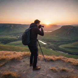 A professional photographer in the midst of taking a shot, surrounded by breathtaking landscape at sunset