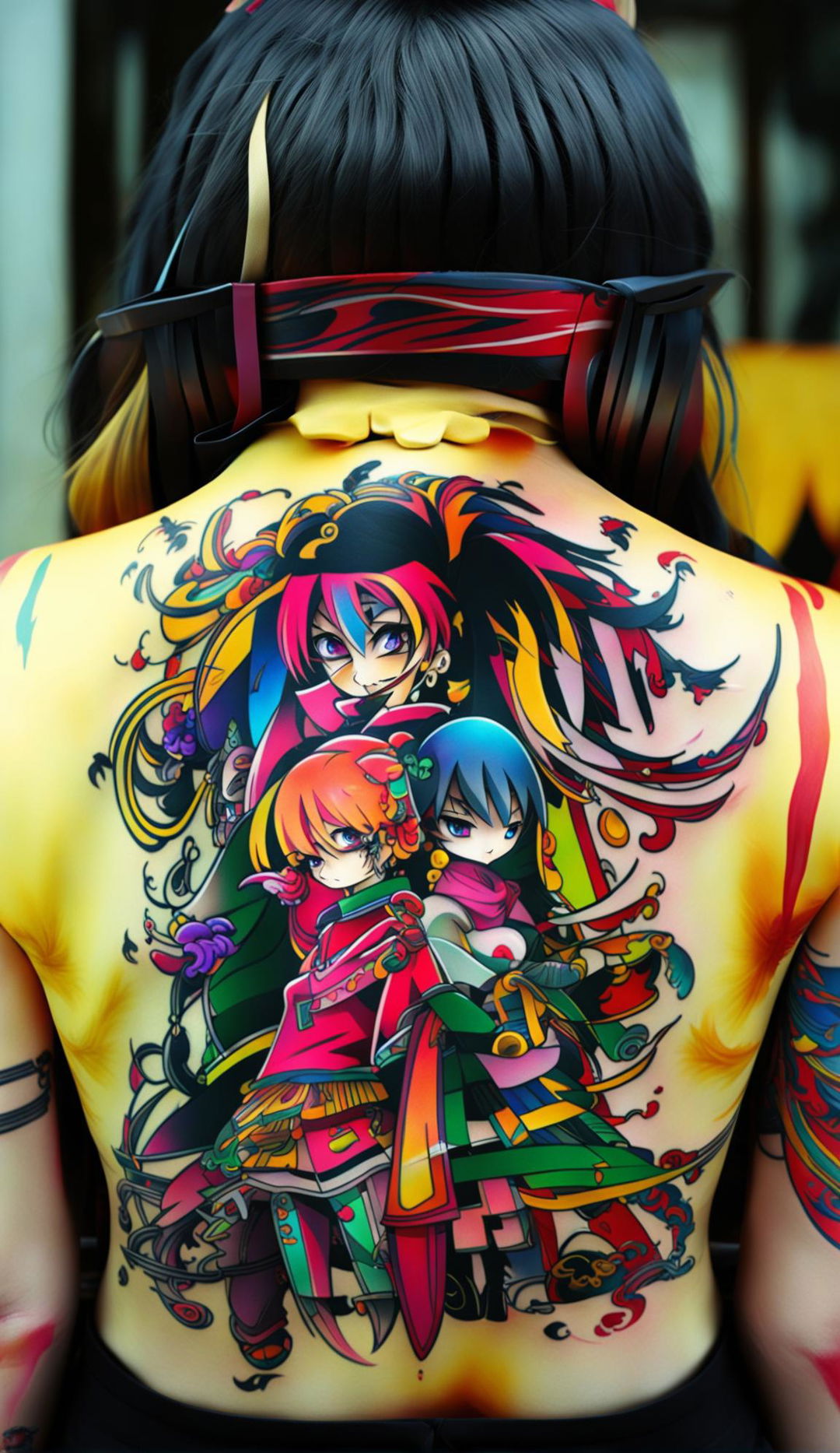 Vibrant anime tattoo on a young woman's back captured in high contrast and detail with a Lumix GH5 camera and 105mm lens.