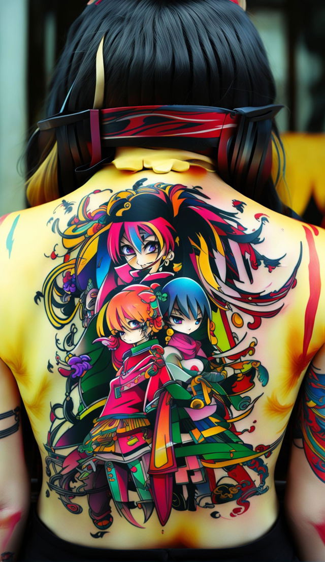 Vibrant anime tattoo on a young woman's back captured in high contrast and detail with a Lumix GH5 camera and 105mm lens.