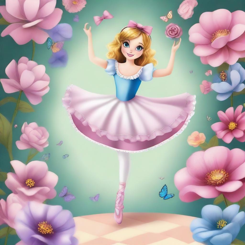 Alice from Alice in Wonderland dressed as a ballerina, dancing gracefully in a magical, whimsical ballet world