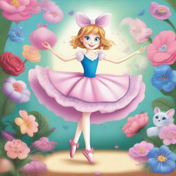 Alice from Alice in Wonderland dressed as a ballerina, dancing gracefully in a magical, whimsical ballet world