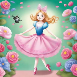 Alice from Alice in Wonderland dressed as a ballerina, dancing gracefully in a magical, whimsical ballet world