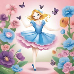 Alice from Alice in Wonderland dressed as a ballerina, dancing gracefully in a magical, whimsical ballet world