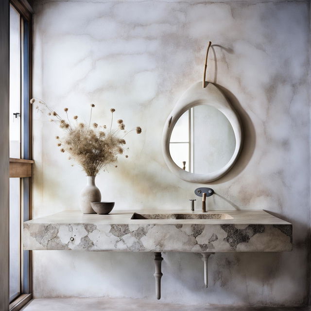 A serene bathroom with soft white Venetian plaster wall, dainty stone vanity, organic-shaped mirror, vase with dried flowers under gentle lighting in an architectural elevation.