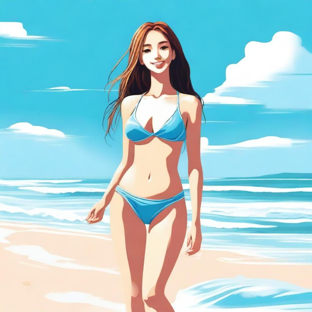 A girl wearing a bikini standing on a sunny beach with clear blue skies and gentle waves in the background