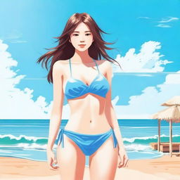 A girl wearing a bikini standing on a sunny beach with clear blue skies and gentle waves in the background