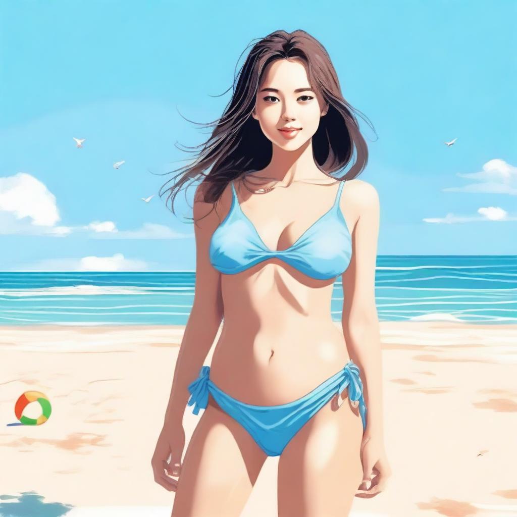 A girl wearing a bikini standing on a sunny beach with clear blue skies and gentle waves in the background