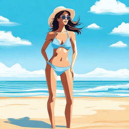 A girl wearing a bikini standing on a sunny beach with clear blue skies and gentle waves in the background