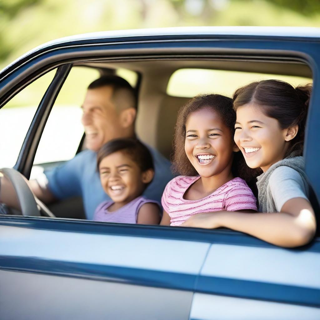 A cheerful image of a family inside a car, enjoying a road trip