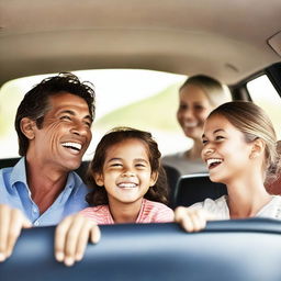 A cheerful image of a family inside a car, enjoying a road trip