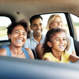 A cheerful image of a family inside a car, enjoying a road trip